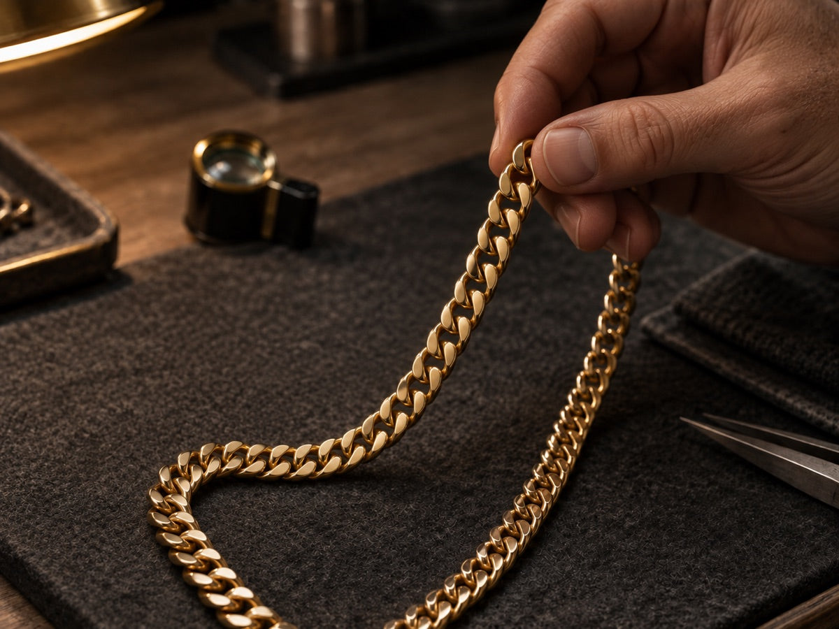 Gold curb chain held above a dark workbench