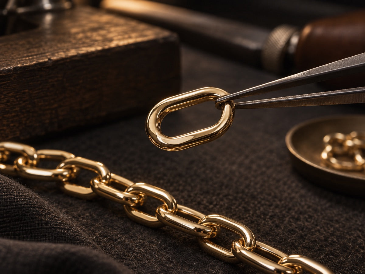 Close-up of a polished gold link held with tweezers