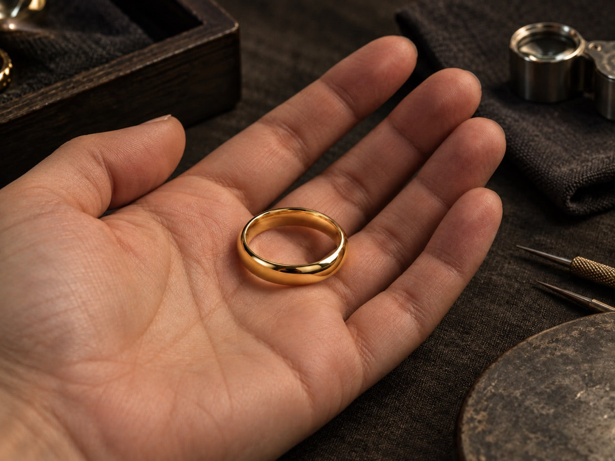 A smooth gold band resting in an open palm