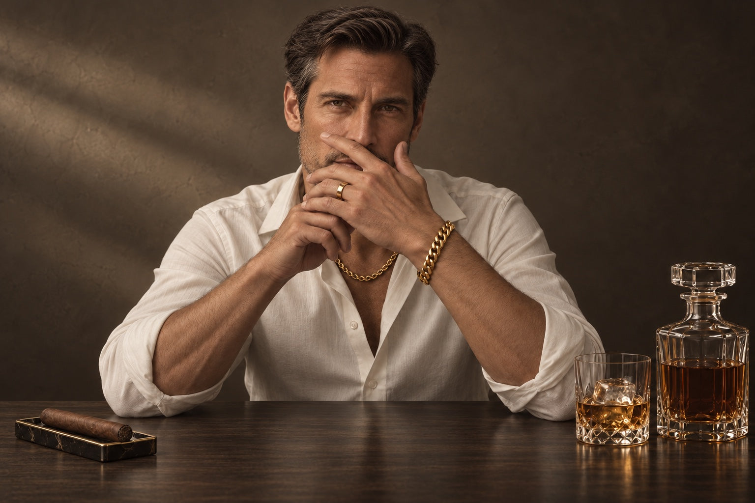 Mature male model wearing a gold rope necklace, Cuban-link bracelet and plain gold ring at a dark table