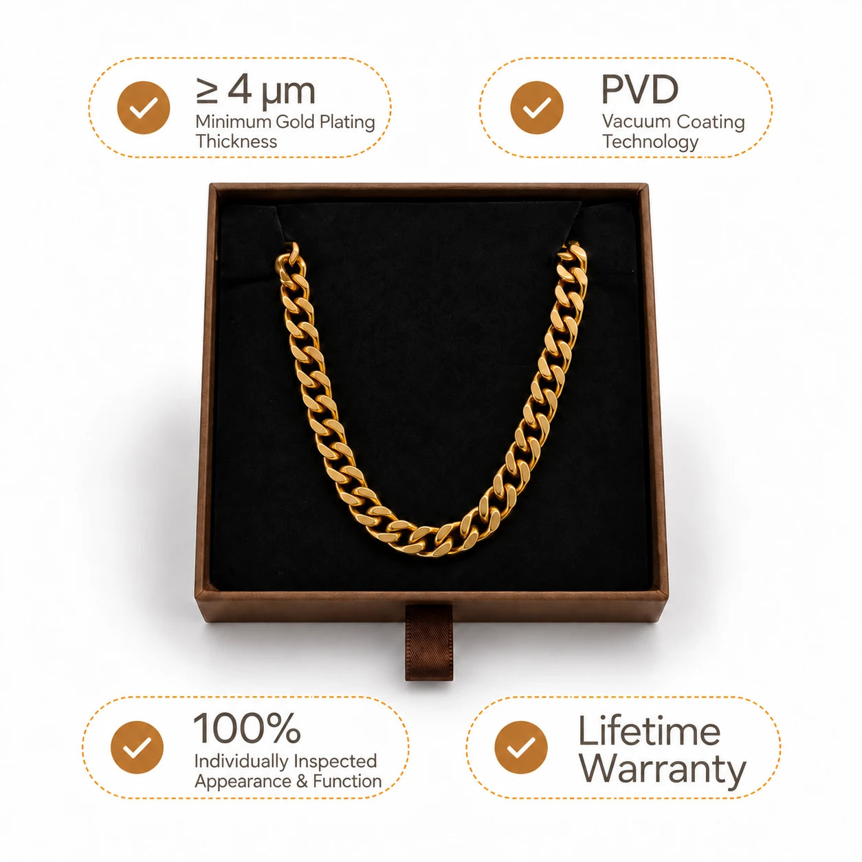 Boxed GILDROW chain with gold plating, PVD, inspection, and lifetime warranty information